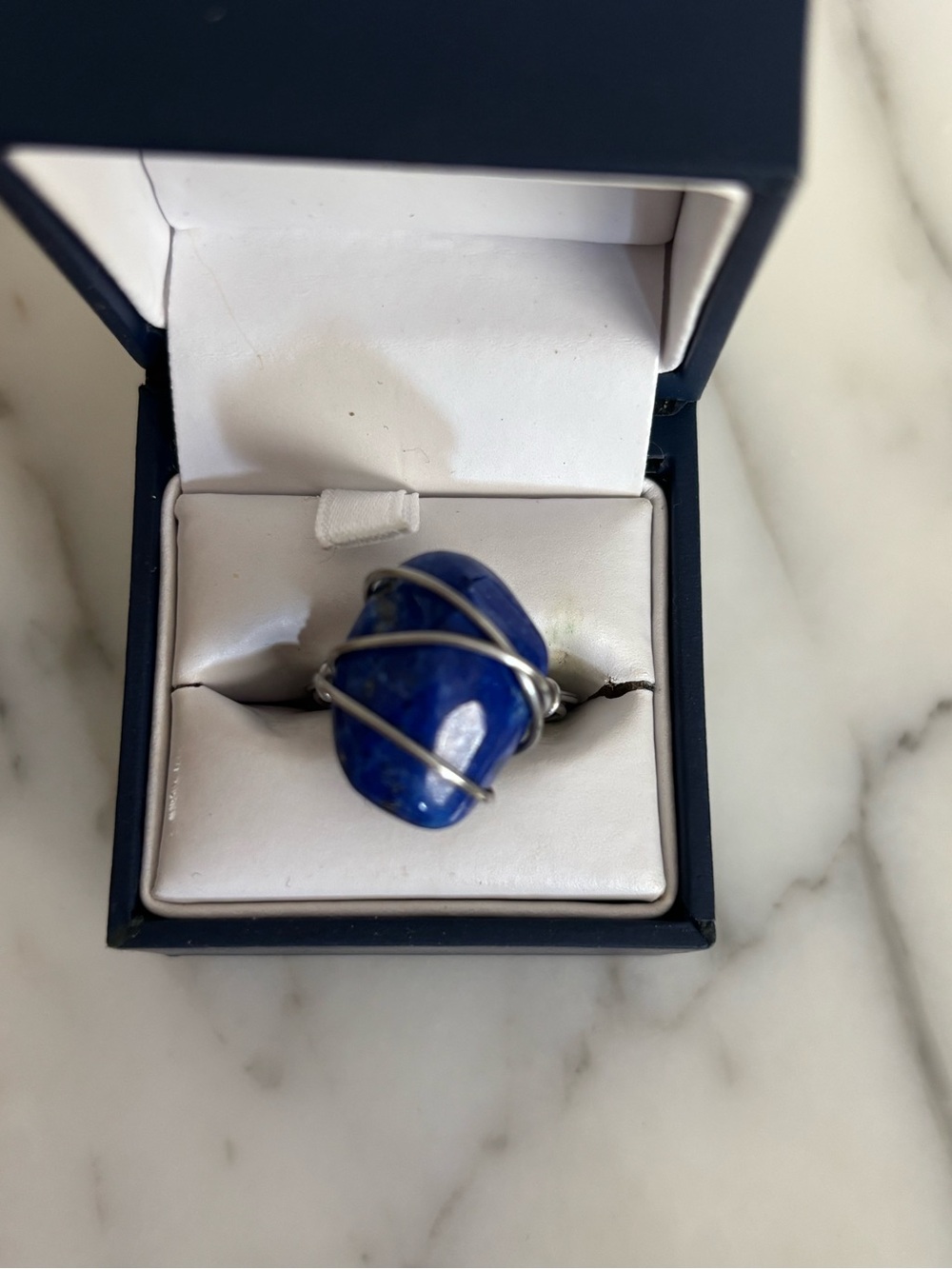 Woman’s Lapis Lazuli Stone Ring in Blue with Silver Wire Wrap Handmade